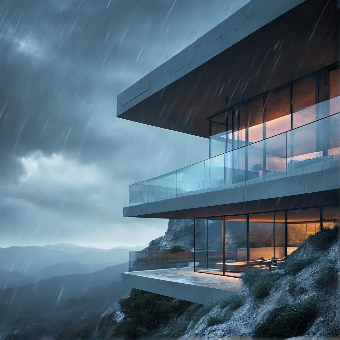 Modern Cliffside Villa in Rain
