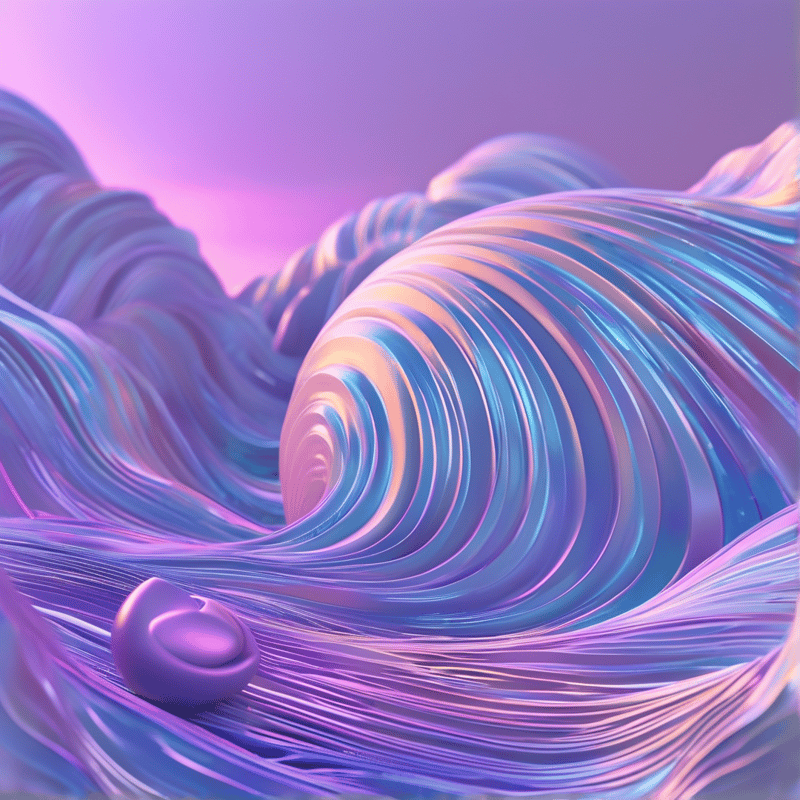 Iridescent fluid structures curve like silk while a small rounded object rests in the foreground.