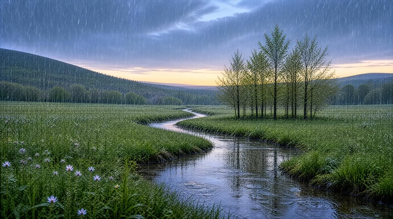 Rainy Meadow with Stream and Trees