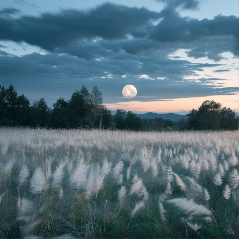 A bright full moon rises above a windswept field of white pampas grass with forested hills and dusky cloudy sky behind.