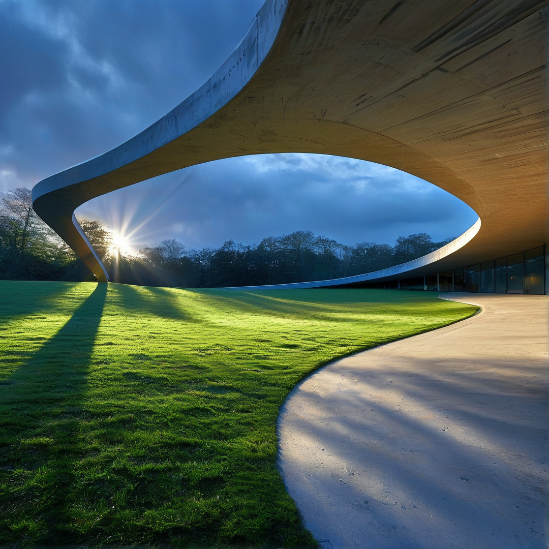 A curved concrete structure frames a sunburst over a green lawn and a curving paved walkway beneath a cloudy blue sky.