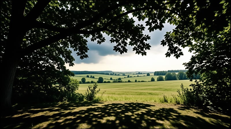 Dark tree branches frame a view of a sunlit green field and distant rolling hills under a partly cloudy sky.