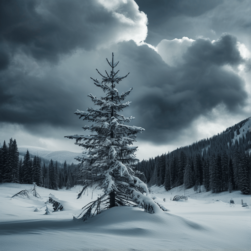 A solitary snow-covered pine tree stands in a white valley beneath a dramatic sky filled with heavy dark clouds.