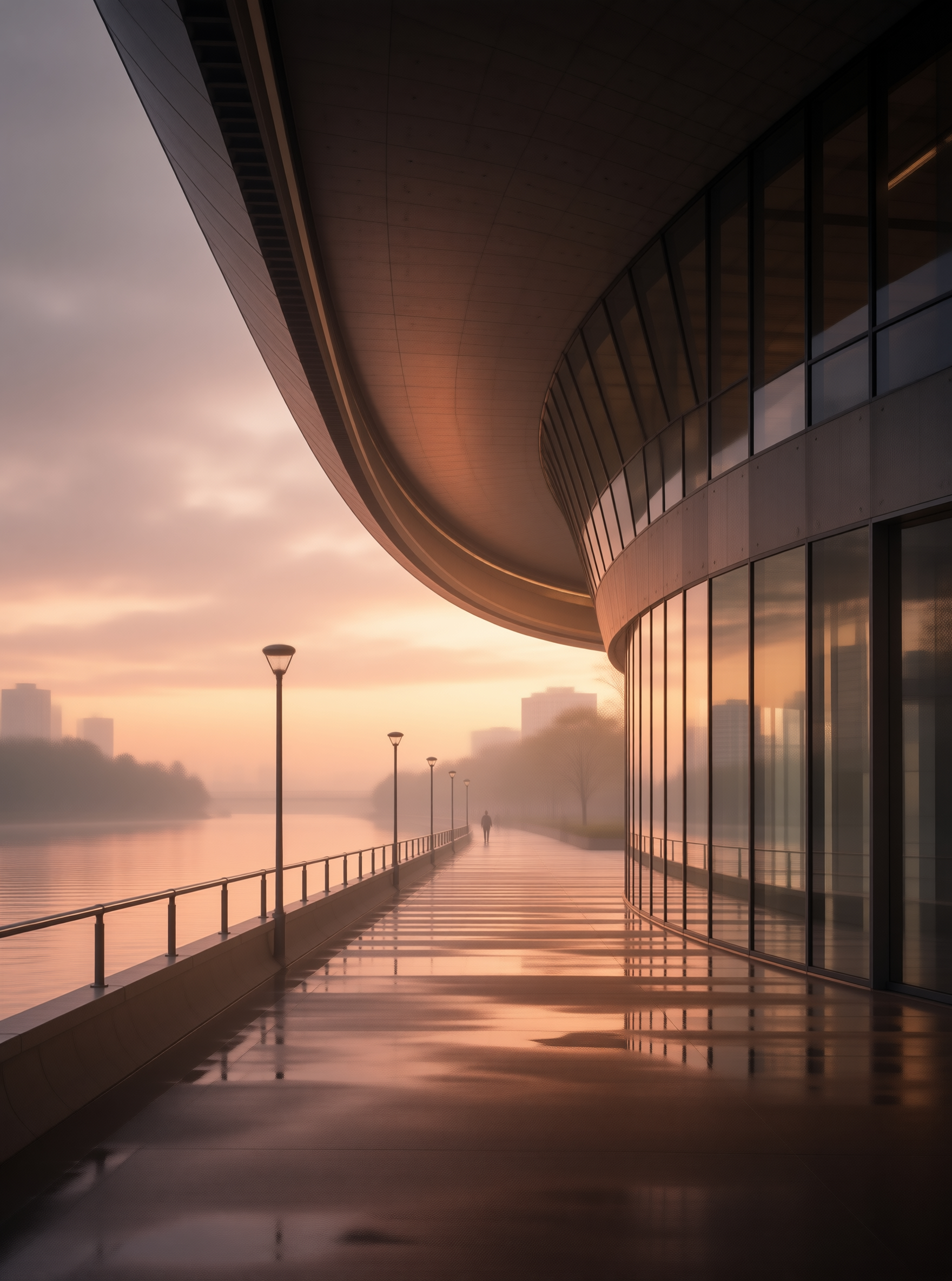 Futuristic Riverside at Dawn