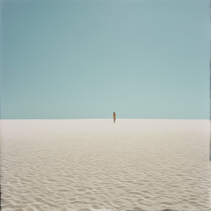 A solitary person stands isolated in the center of a broad white salt flat beneath a uniform pale blue sky.