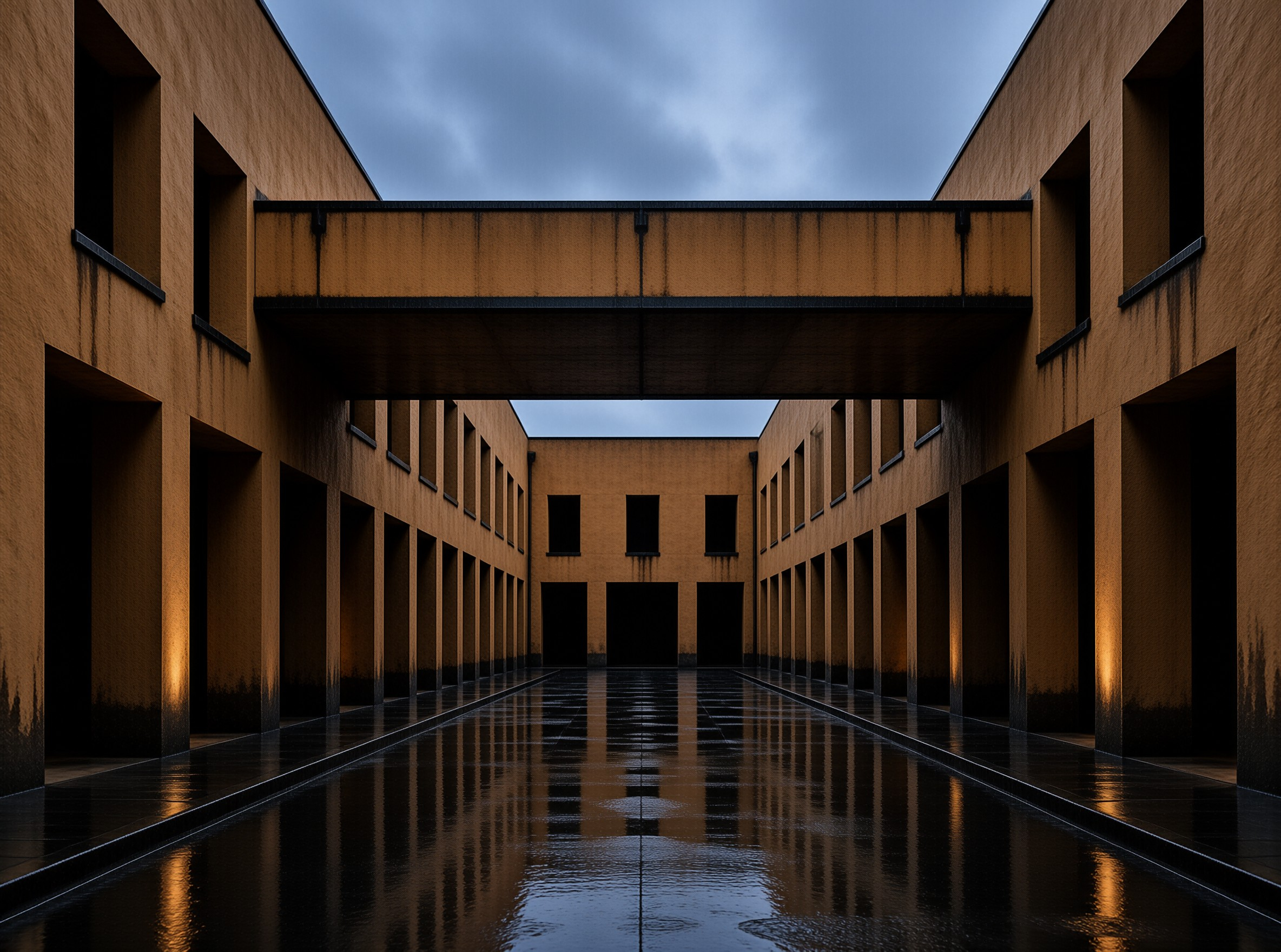 Symmetrical ochre courtyard architecture stands under an overcast sky with wet ground reflecting the warm lights.