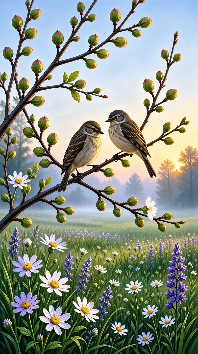 Two small birds rest on a budding branch above a meadow of white and purple flowers under a misty sunrise.
