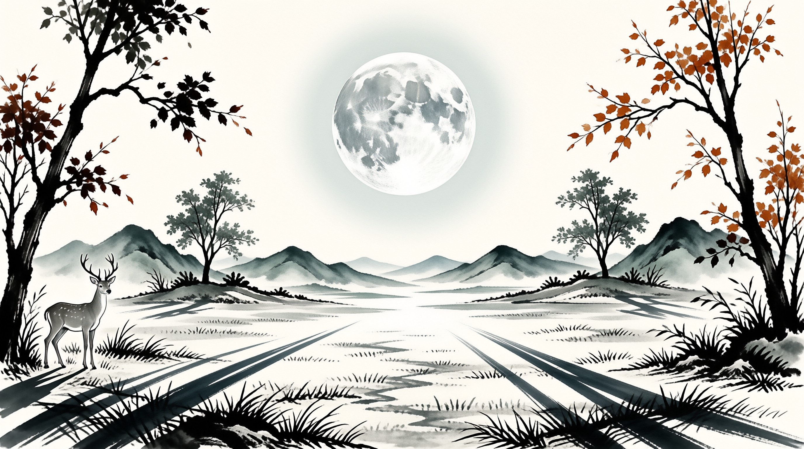A watercolor illustration depicts a deer standing on the left side beneath a large full moon in a misty landscape where trees with autumn leaves frame the scene and distant mountains fade into the white background while dark grass clumps lead the eye toward the center horizon.