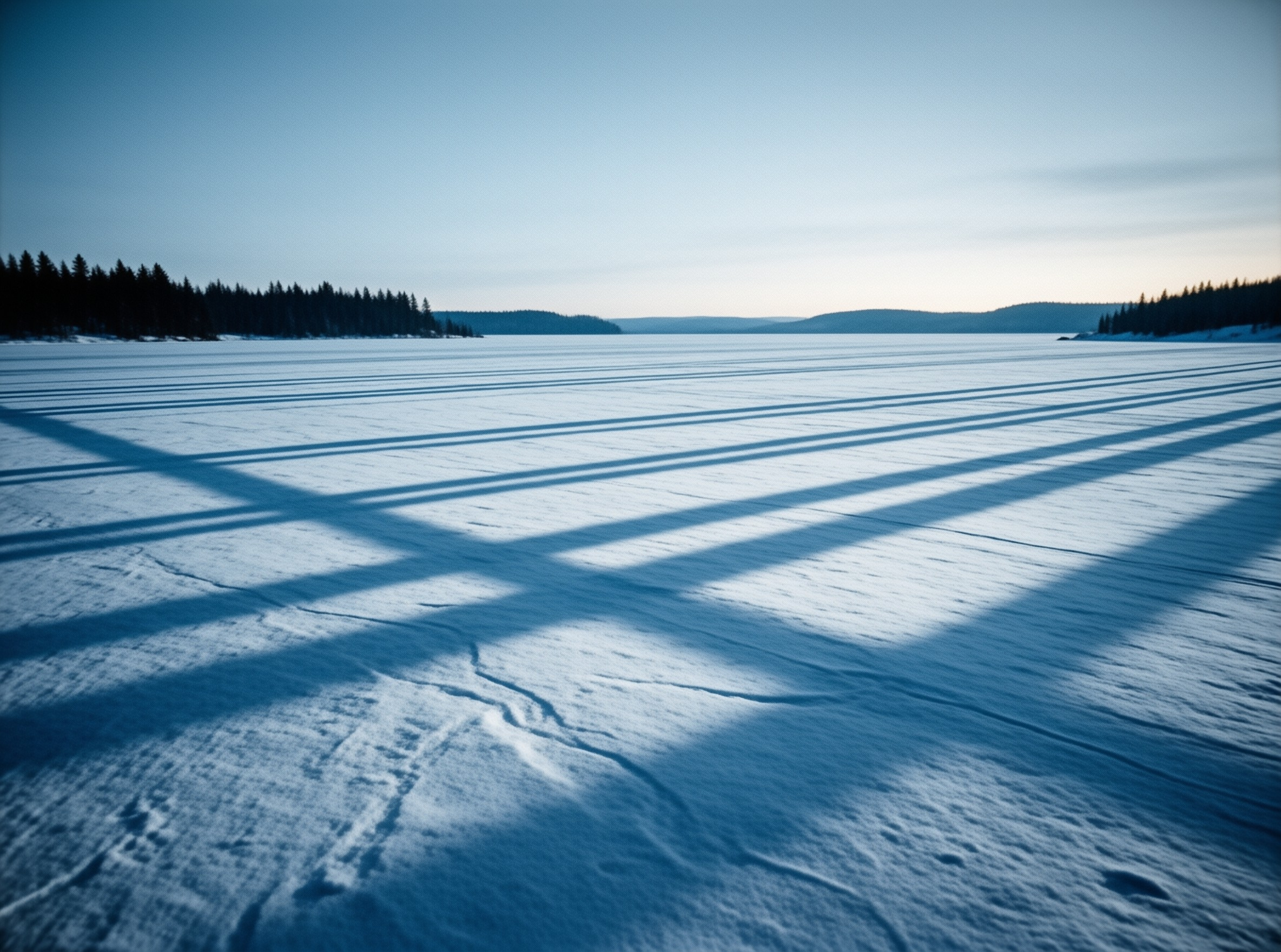 Wide view of a frozen lake covered in snow with long dark shadows stretching across the surface under a pale blue sky.