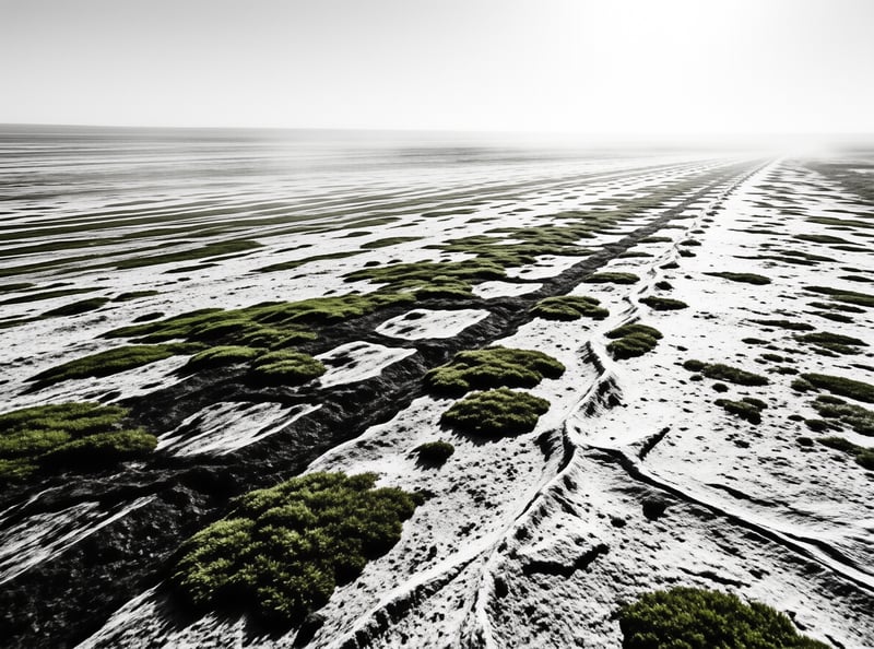 A high-angle view of a stark white landscape dotted with green shrubs and dark winding rills stretching toward a horizon.