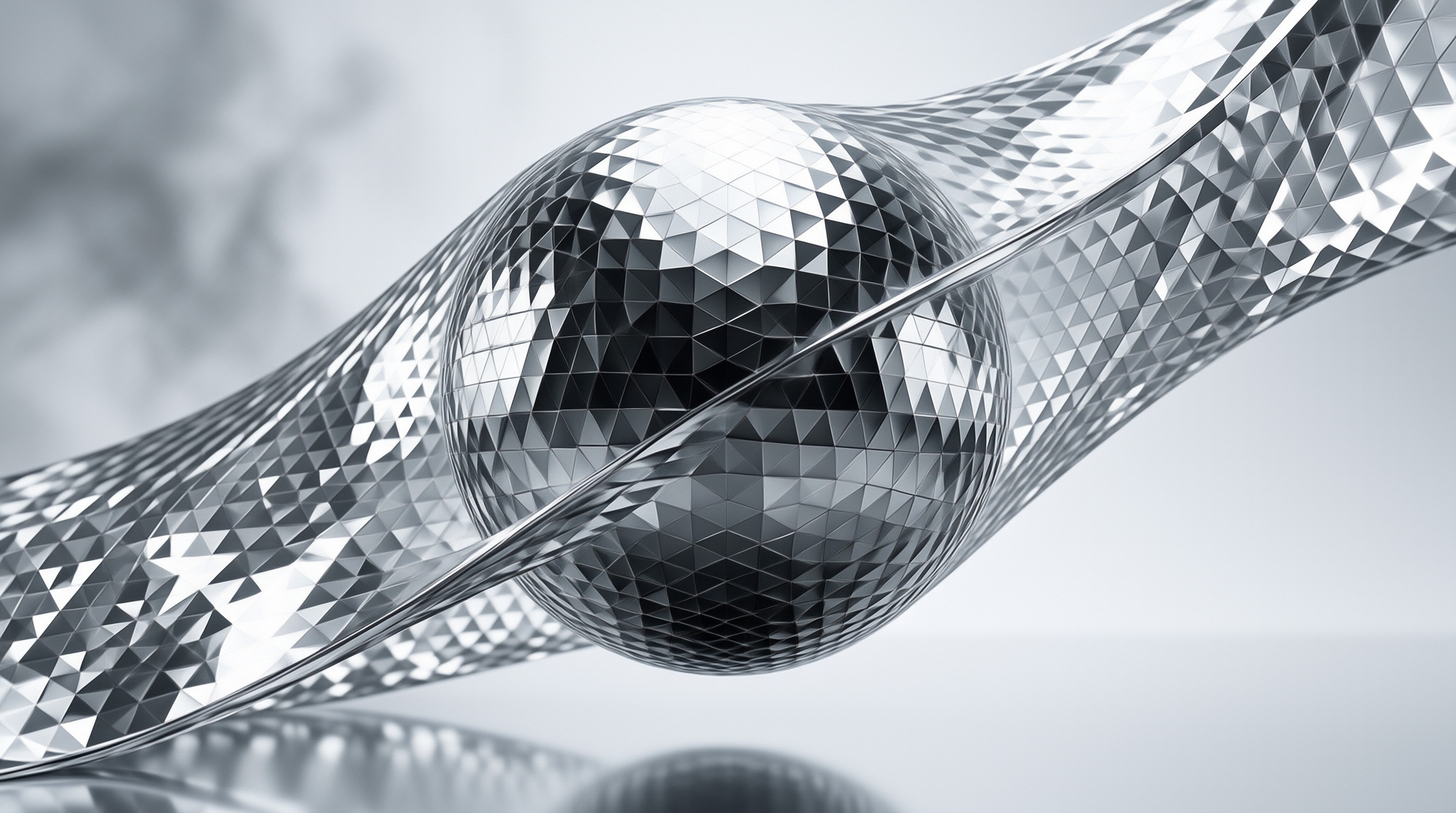 A reflective faceted sphere merges with a twisting metallic wave under sharp studio lighting.