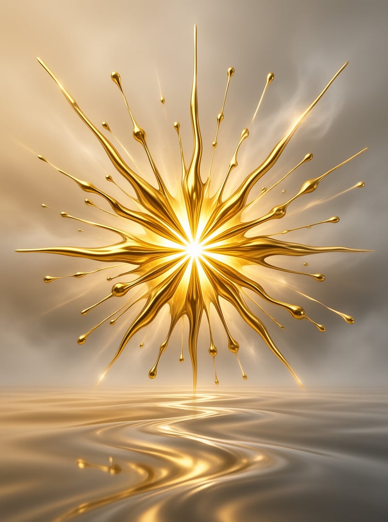 A radiant explosion of liquid metal spikes glows at its core and mirrors softly on the rippled surface below.