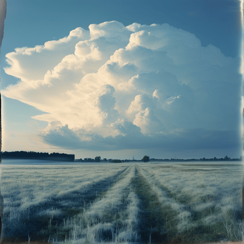 A massive white thunderhead billows above a dew pale grass field, its tractor tracks leading toward a thin line of trees.