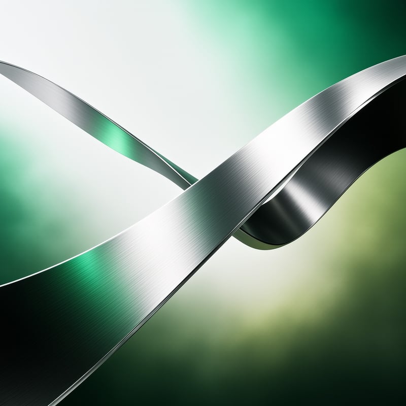 Curved brushed steel ribbons intersect against blurred mint to dark green gradient backdrop with bright metallic reflections.