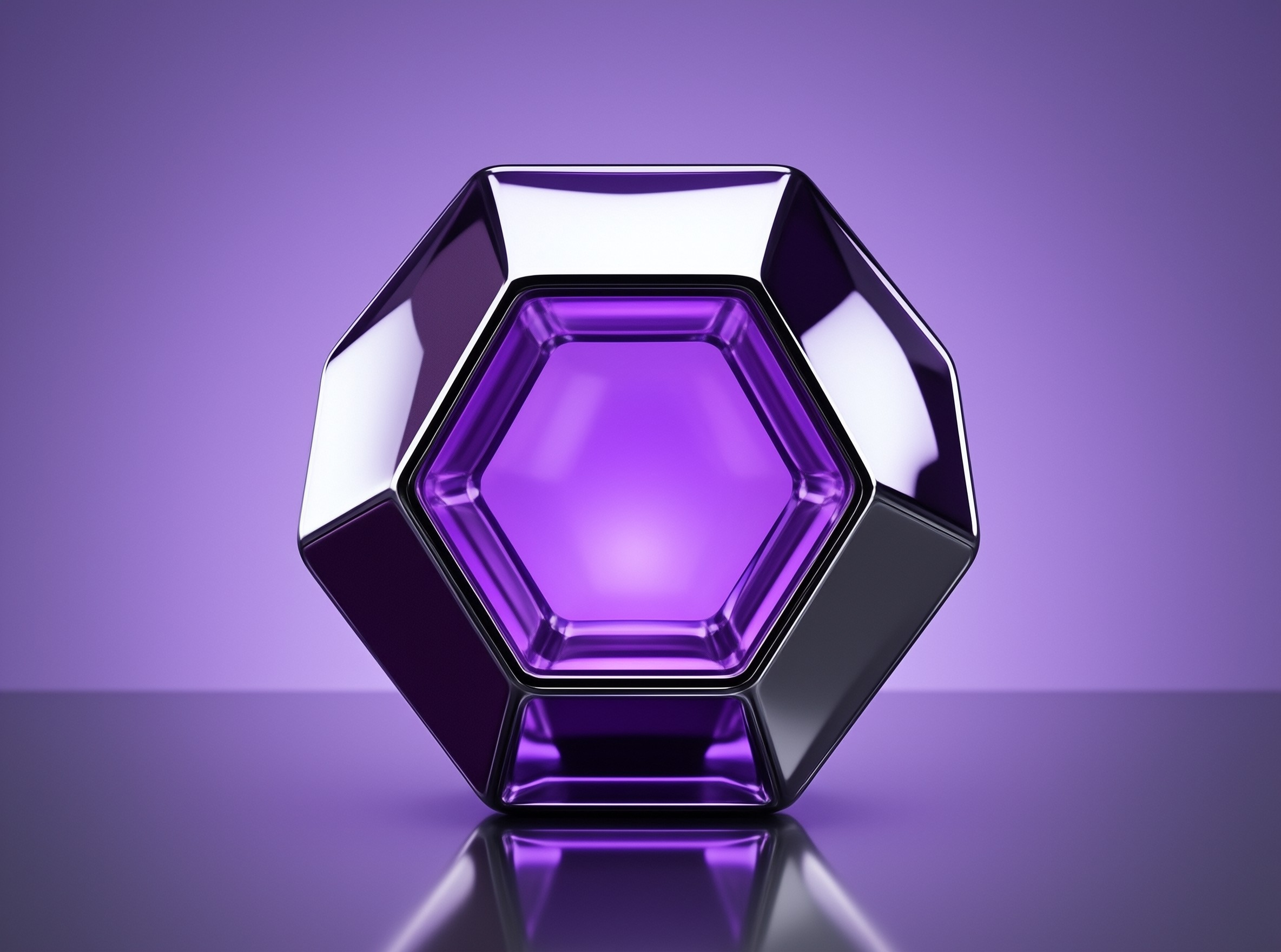 A faceted purple prism sits centrally on a shiny violet plane with strong white reflections on the metallic rim