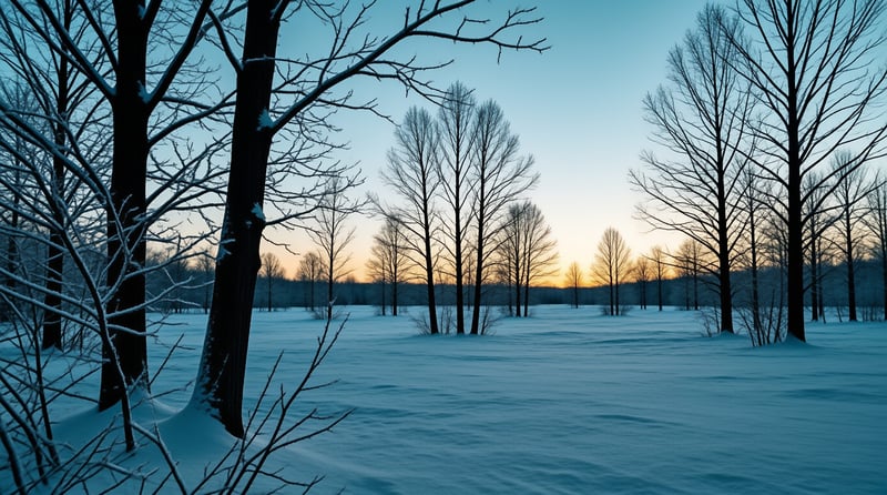 Winter Sunset in Snowy Forest