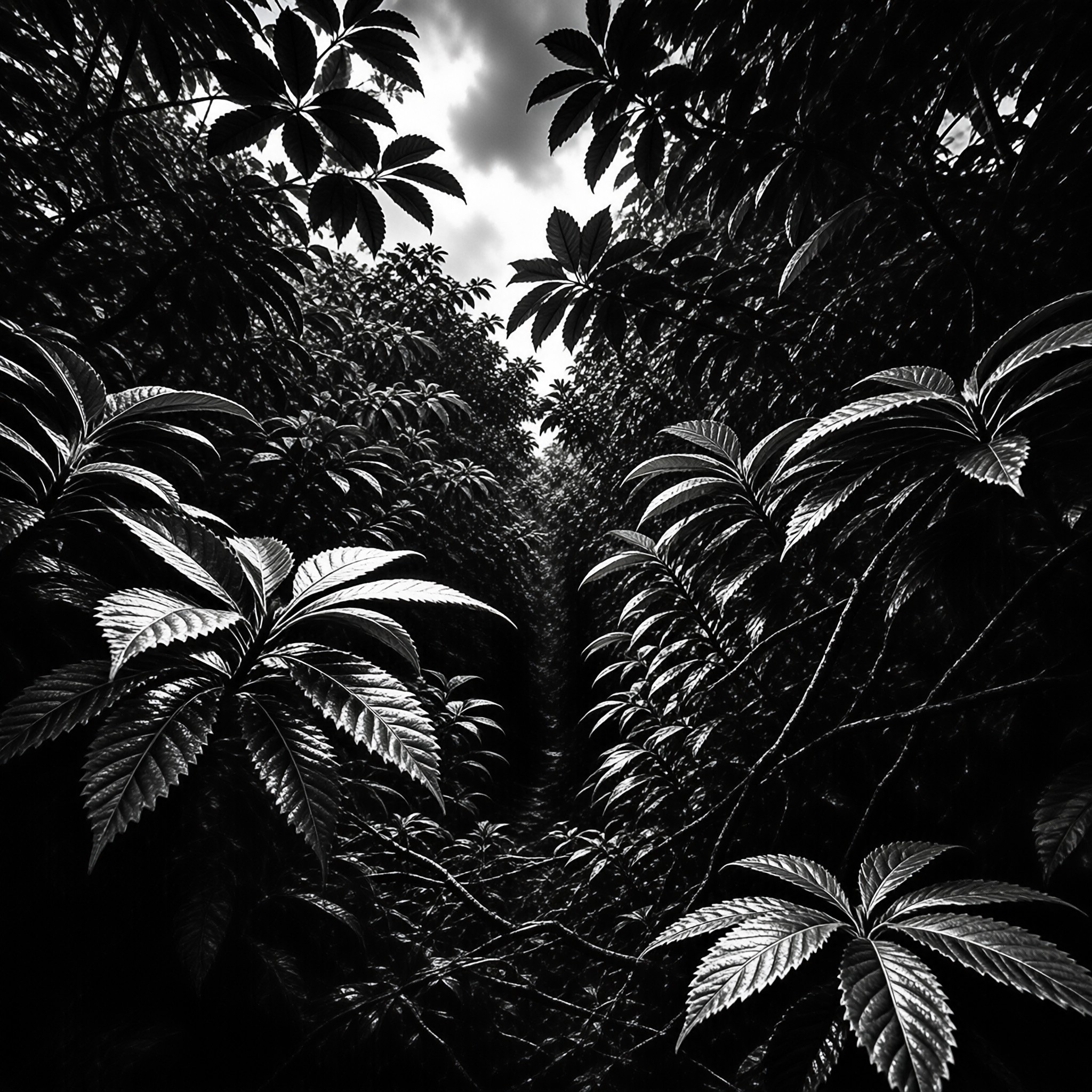 Dense foliage creates a dark frame around a bright sky in this high contrast monochrome view of a forest.