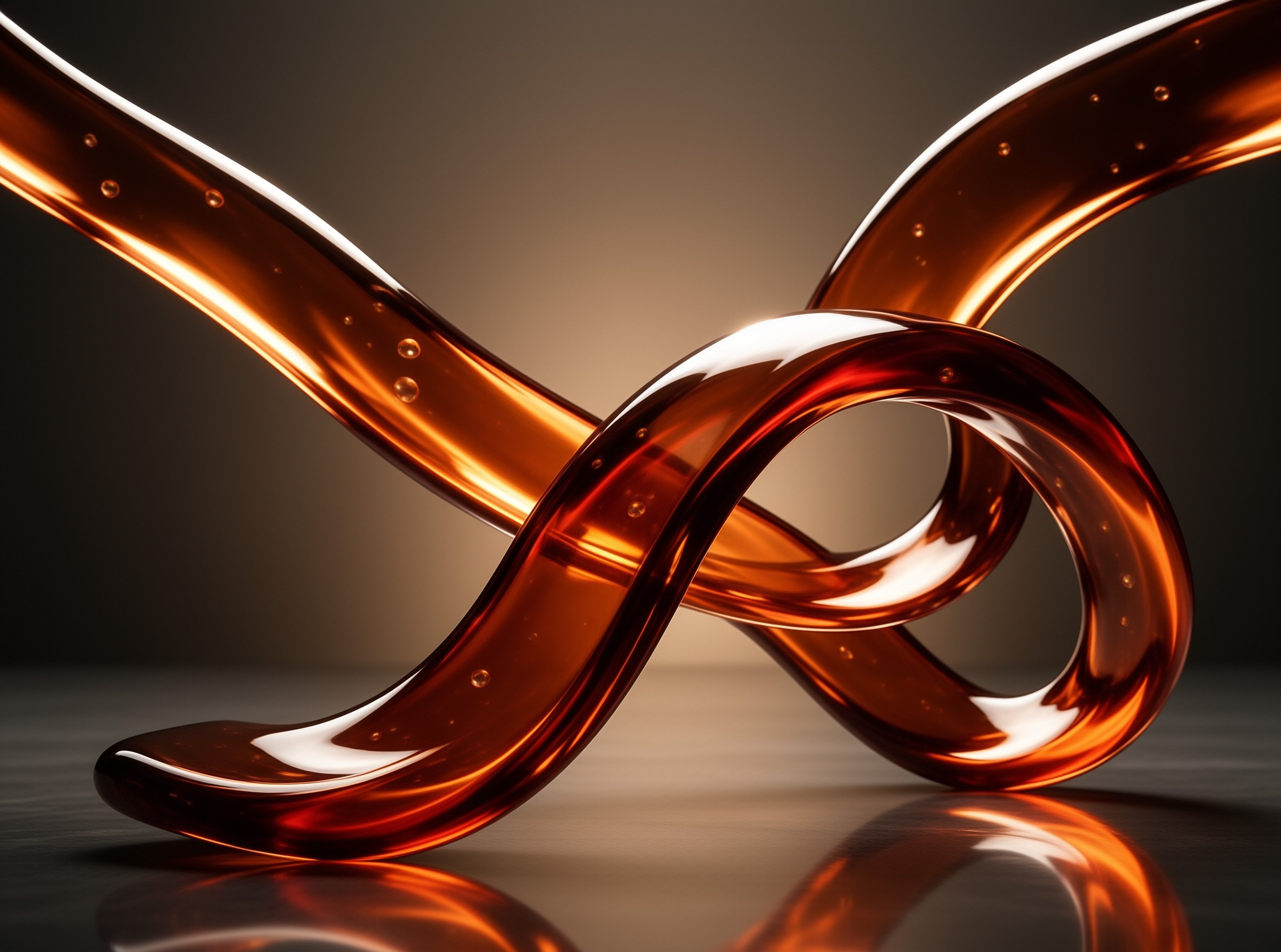 A translucent amber fluid forms a twisted knot above a shiny floor with small bubbles trapped inside the viscous material.