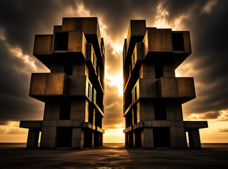 Stacked concrete blocks form two facing towers while storm clouds part to let molten light pour between them.