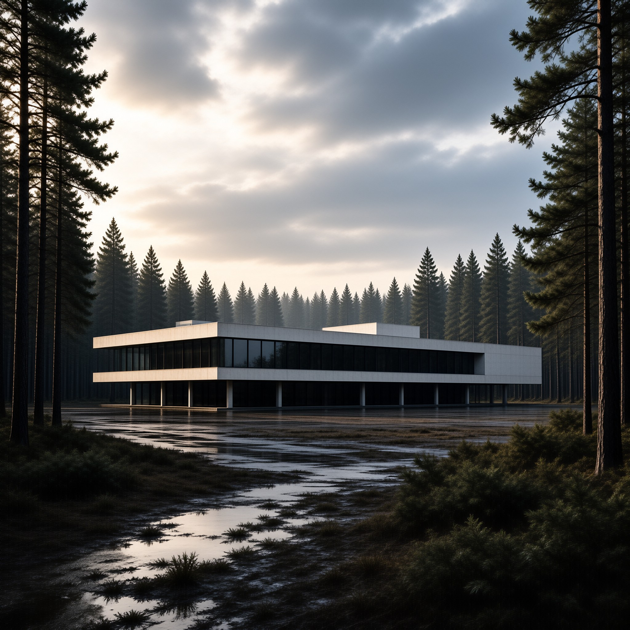 A long white modern building with glass windows stands low amidst a dense foggy pine forest under a cloudy grey sky.