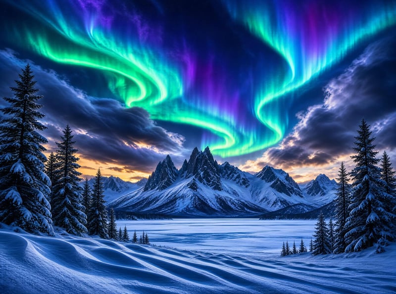 Northern Lights Over Snowy Mountains