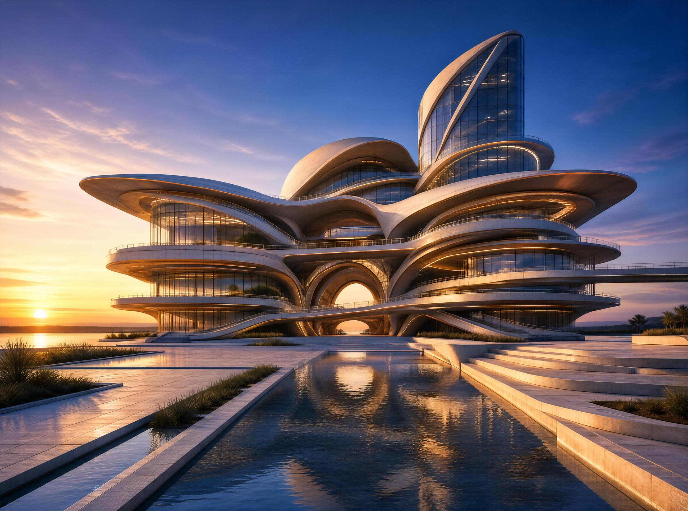 Futuristic Building with Flowing Design at Sunset