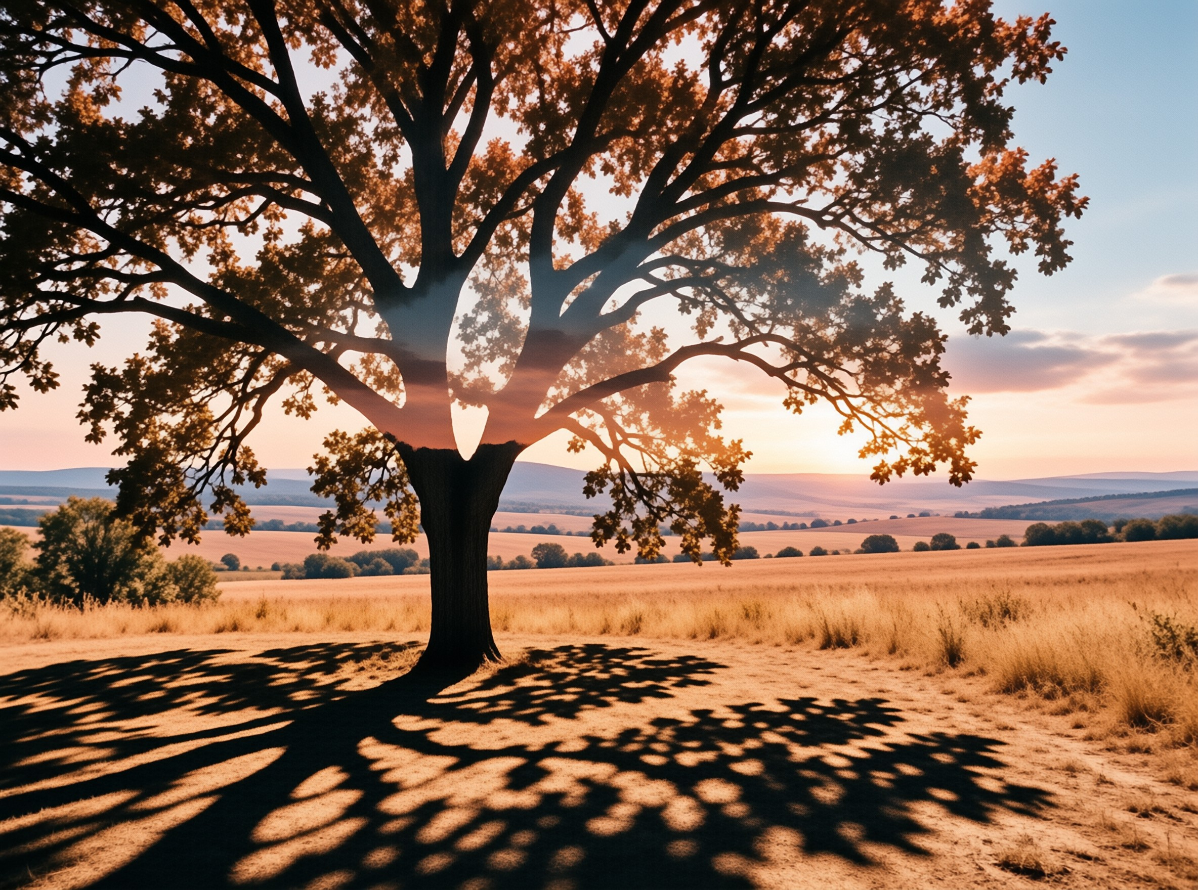 A large oak tree stands in a golden field with sunlight shining through its branches casting long shadows on the grass.