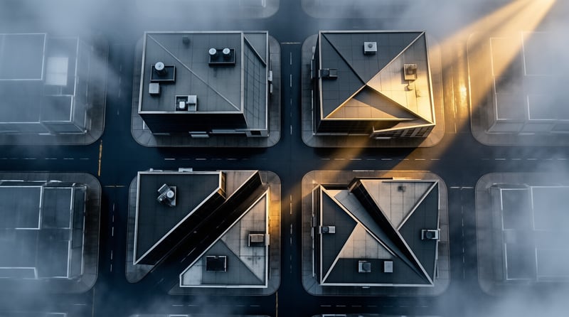 An aerial view of geometric buildings in a foggy grid, cut by a bright diagonal beam of light across the dark streets.