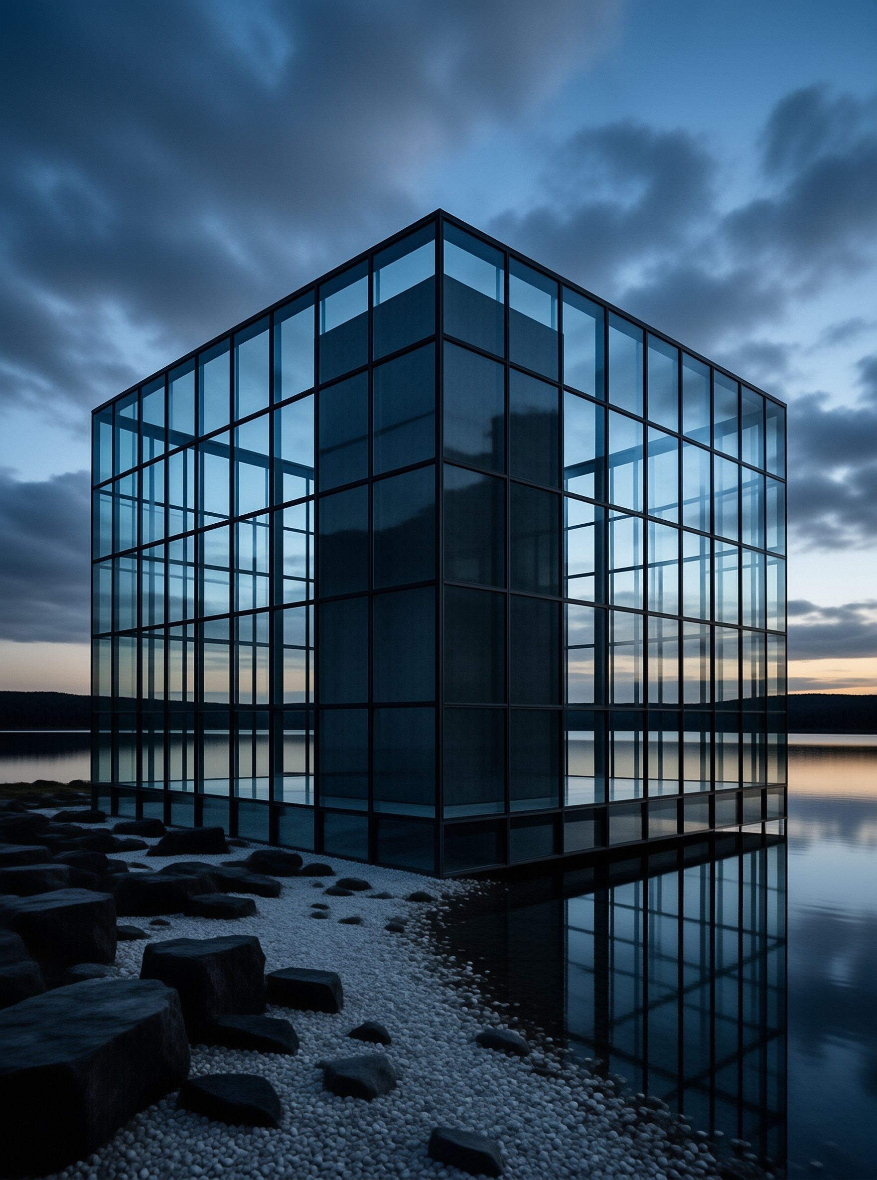 A transparent cubic building stands on a rocky shore reflecting the cloudy evening sky and calm water.