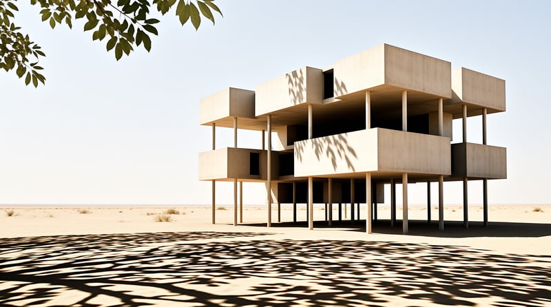 A stack of beige concrete rooms stands on slender columns in an empty desert with dappled tree shade crossing the sand