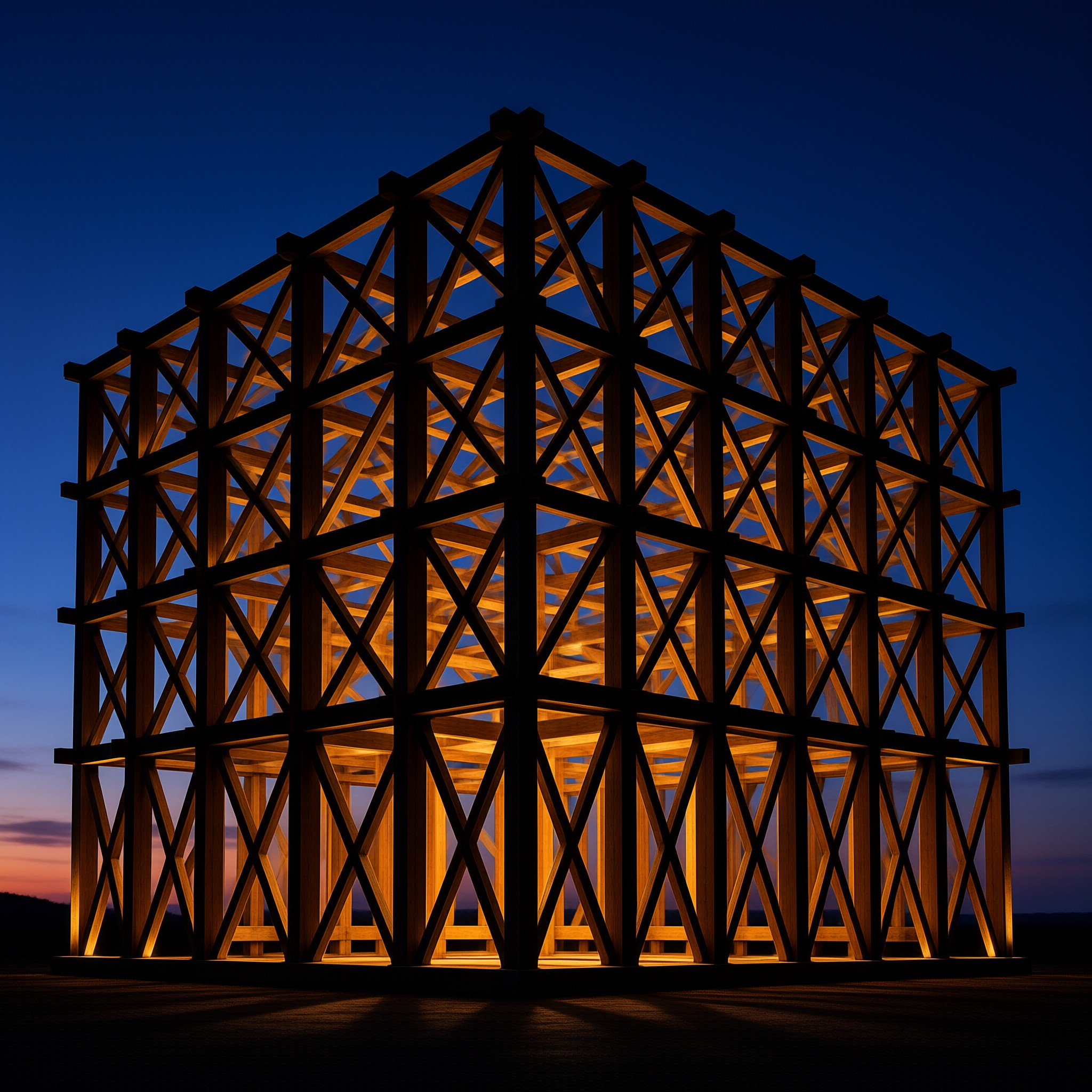 A wooden geodesic frame glows warmly against a dark blue twilight sky with orange hues on the horizon.