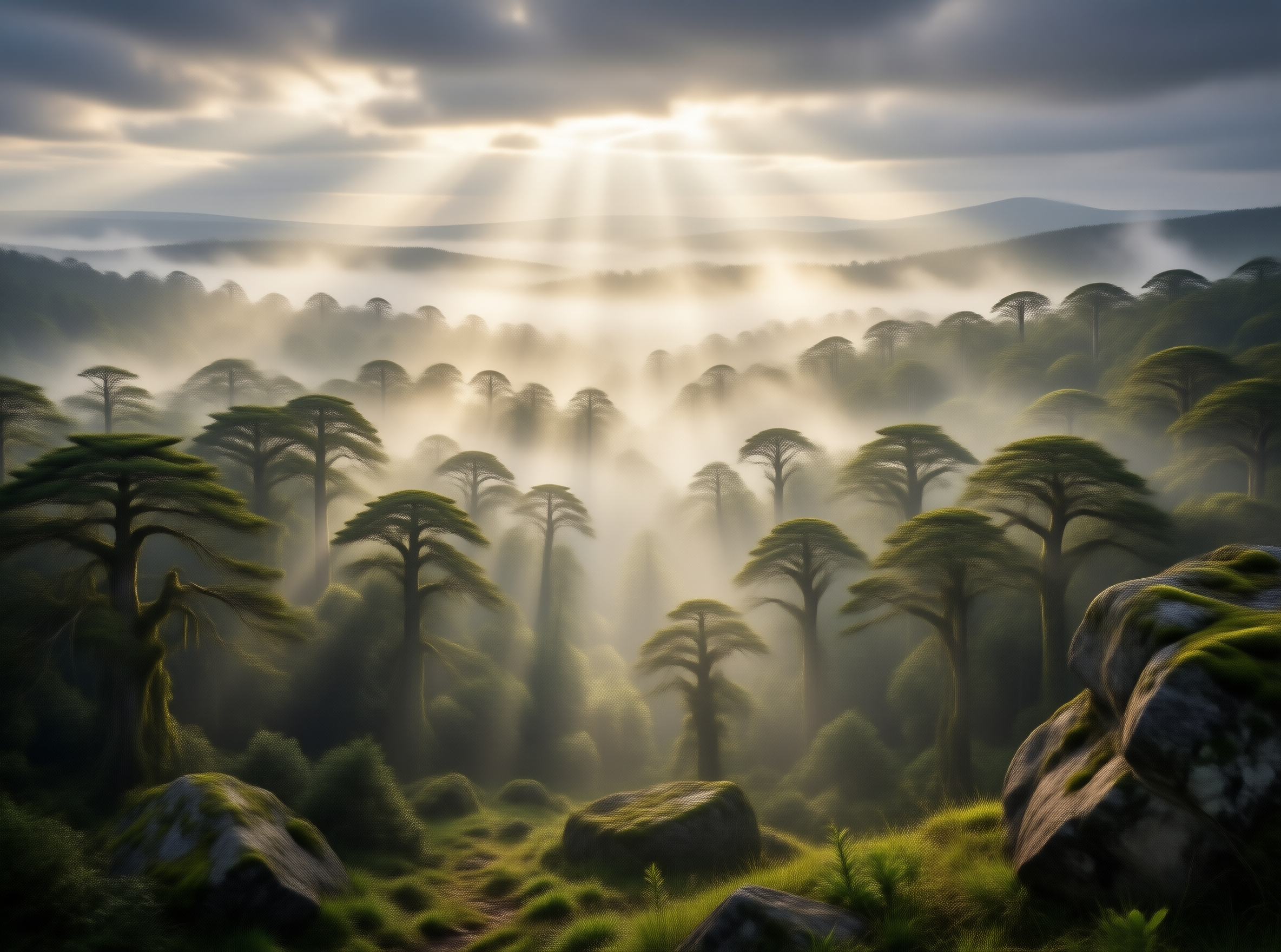 Sunlight Through Misty Woods