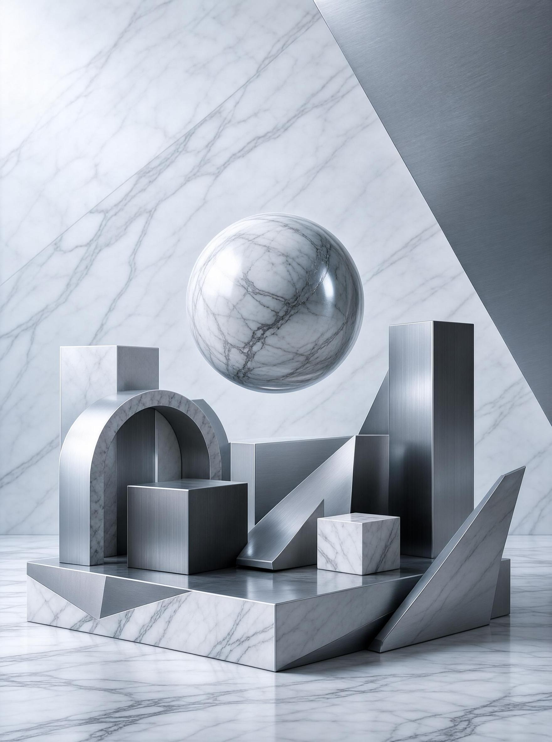 Geometric Marble and Metal Sculpture