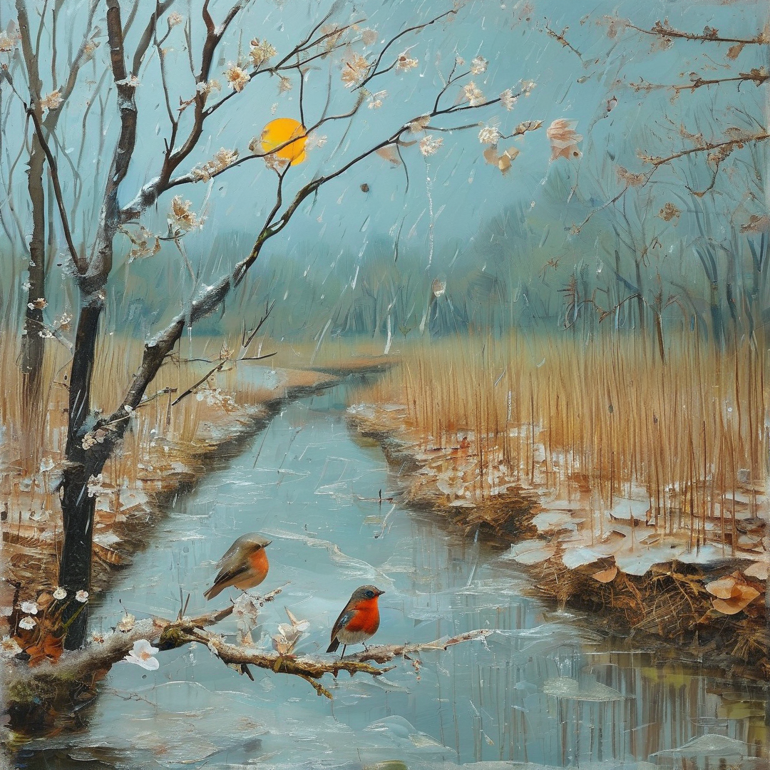 Two birds perch on a low branch over blue marsh water surrounded by tall reeds and a tree with white blossoms under a yellow sun.