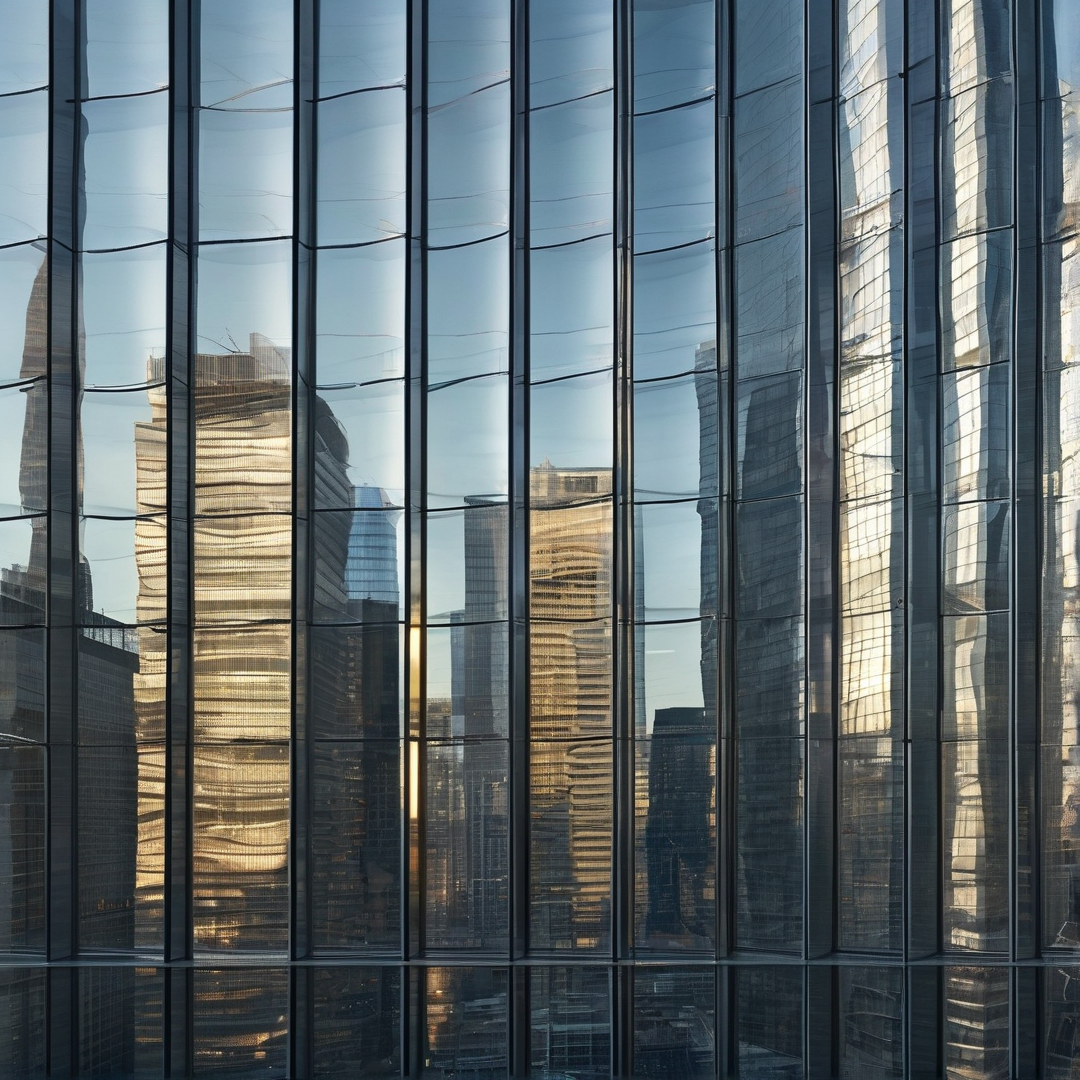 A grid of glass windows on a modern building reflects the distorted shapes and warm lighting of surrounding city towers.