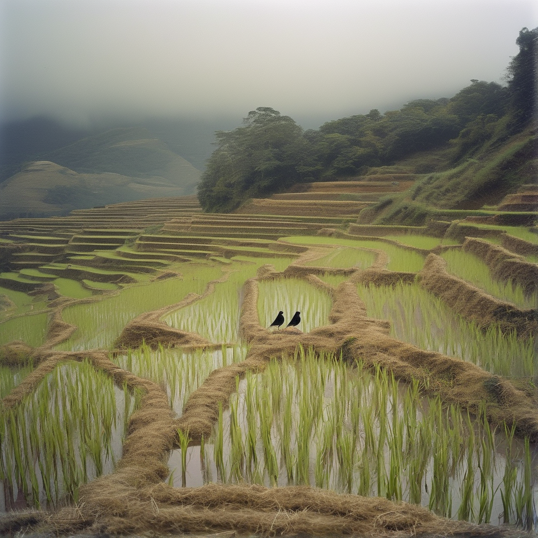 Two black birds perch on a soil ridge within flooded rice terraces winding up a mist-covered hillside.