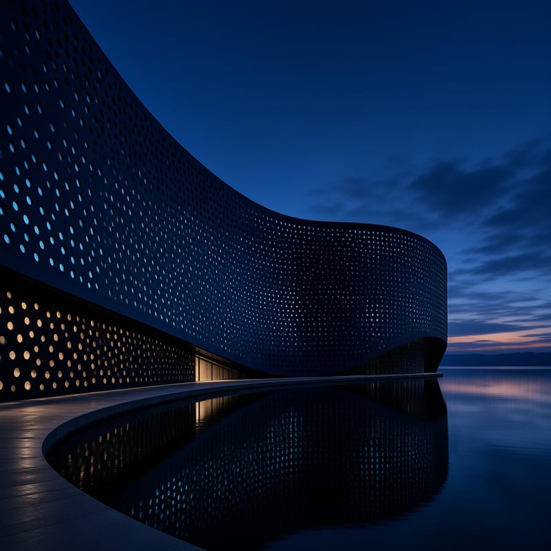 A modern curved building with a perforated metal exterior reflects in a calm body of water under a deep blue twilight sky.