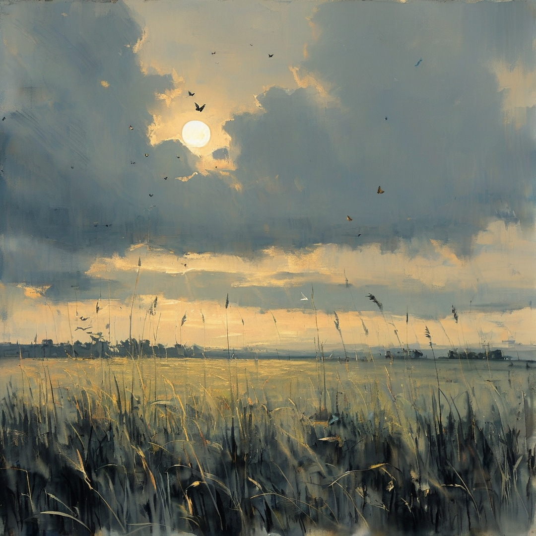 Golden wheat field with tall grass and birds flying near the sun breaking through blue clouds in a painting.