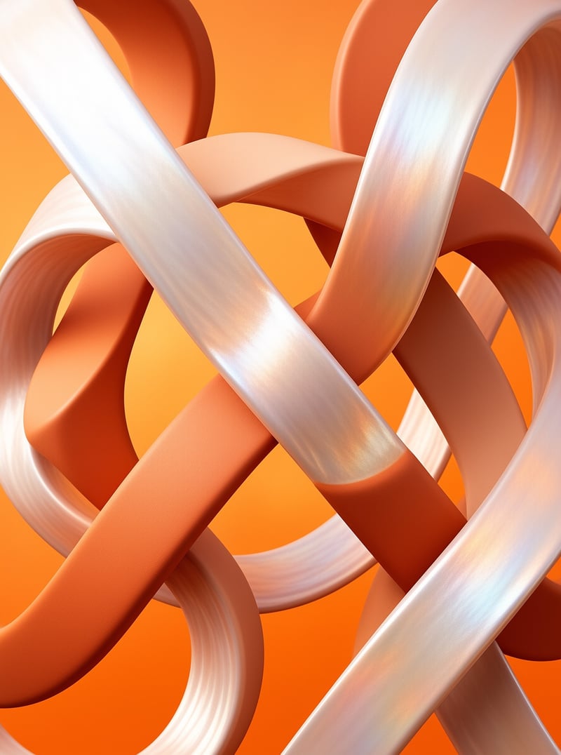 Interwoven pearlescent and orange ribbons float diagonally across a vibrant orange surface with soft lighting.
