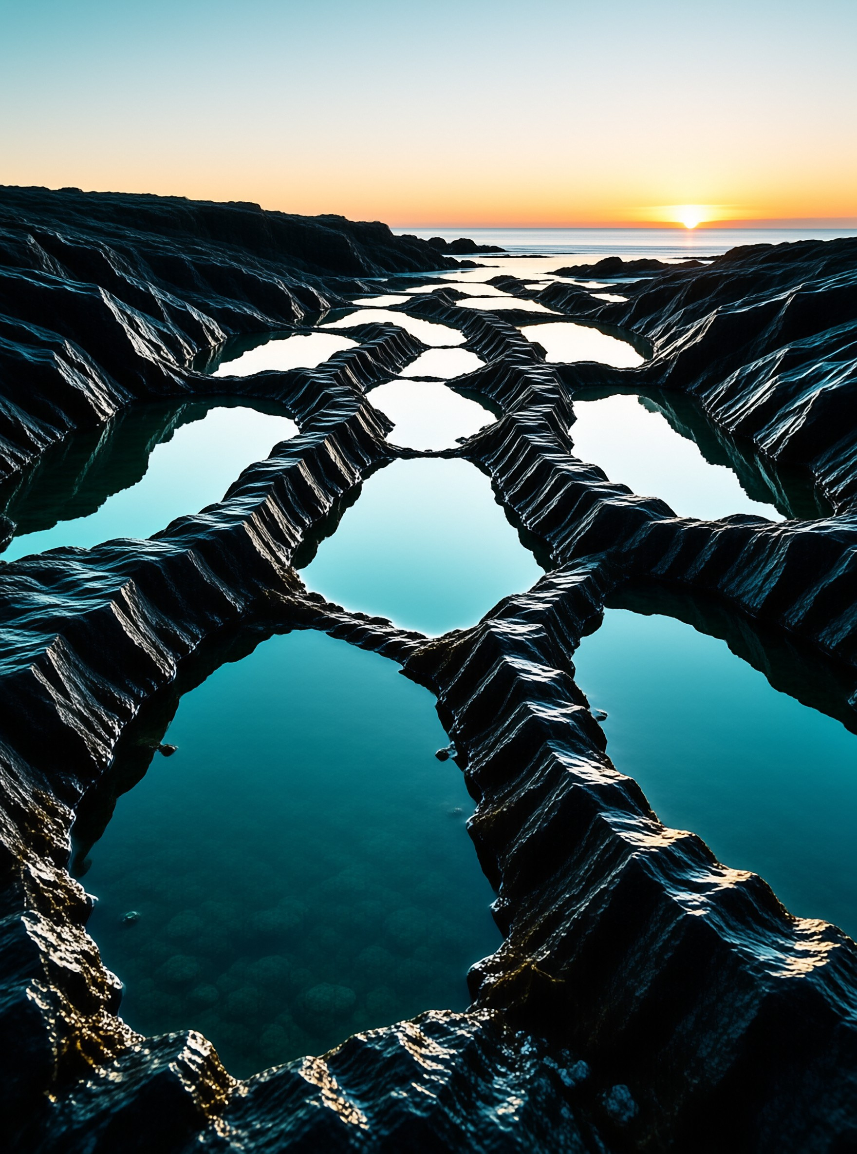 Layered rock formations create channels filled with water reflecting the warm sunset sky above the ocean horizon.