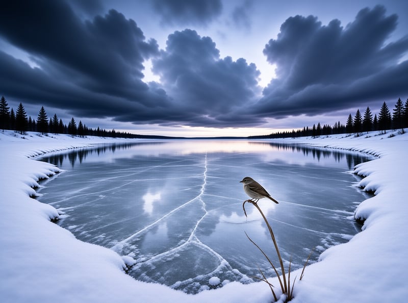 A small bird balances on a reed above a cracked frozen lake surrounded by snow-covered banks and dramatic dark clouds.