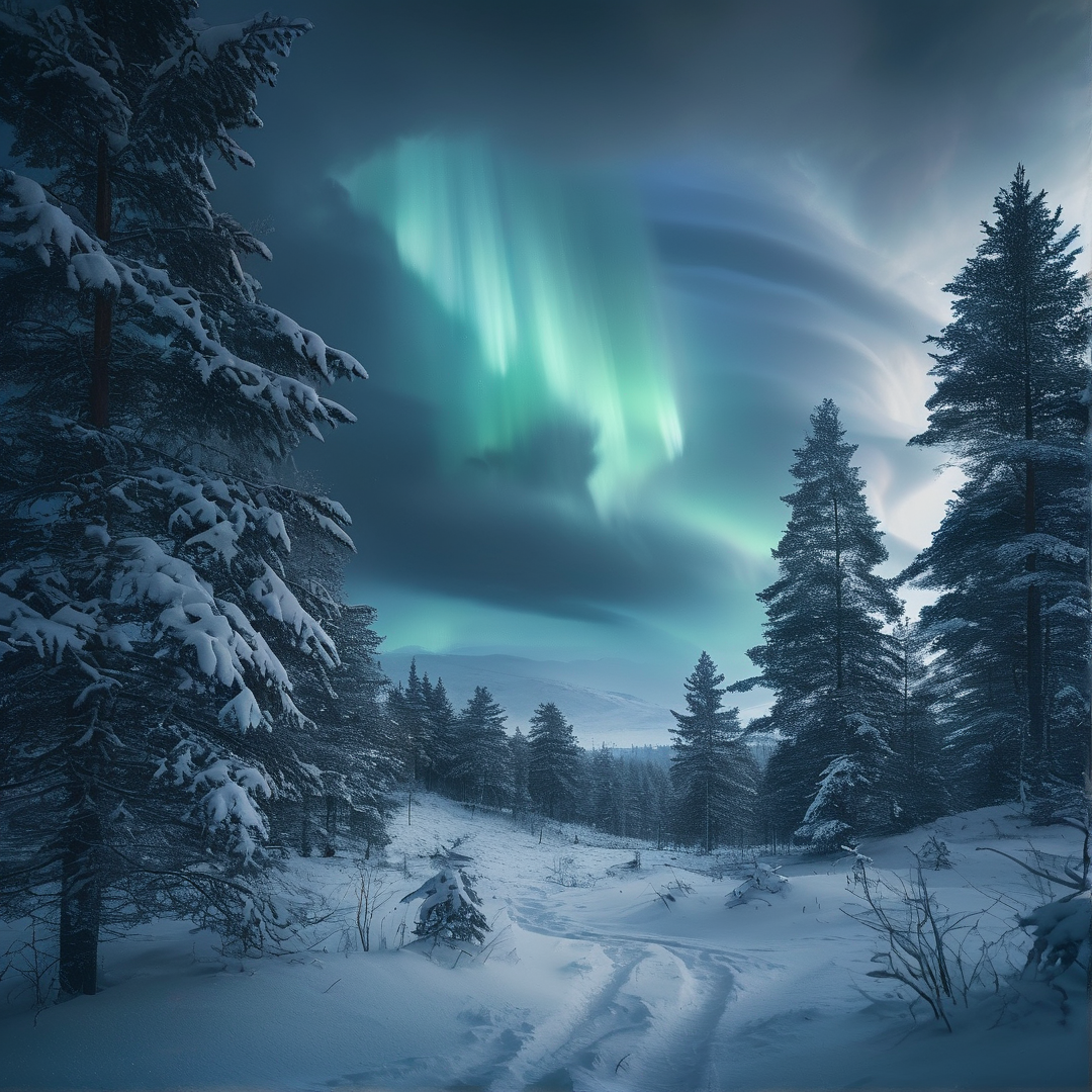 Aurora Borealis in Snowy Forest