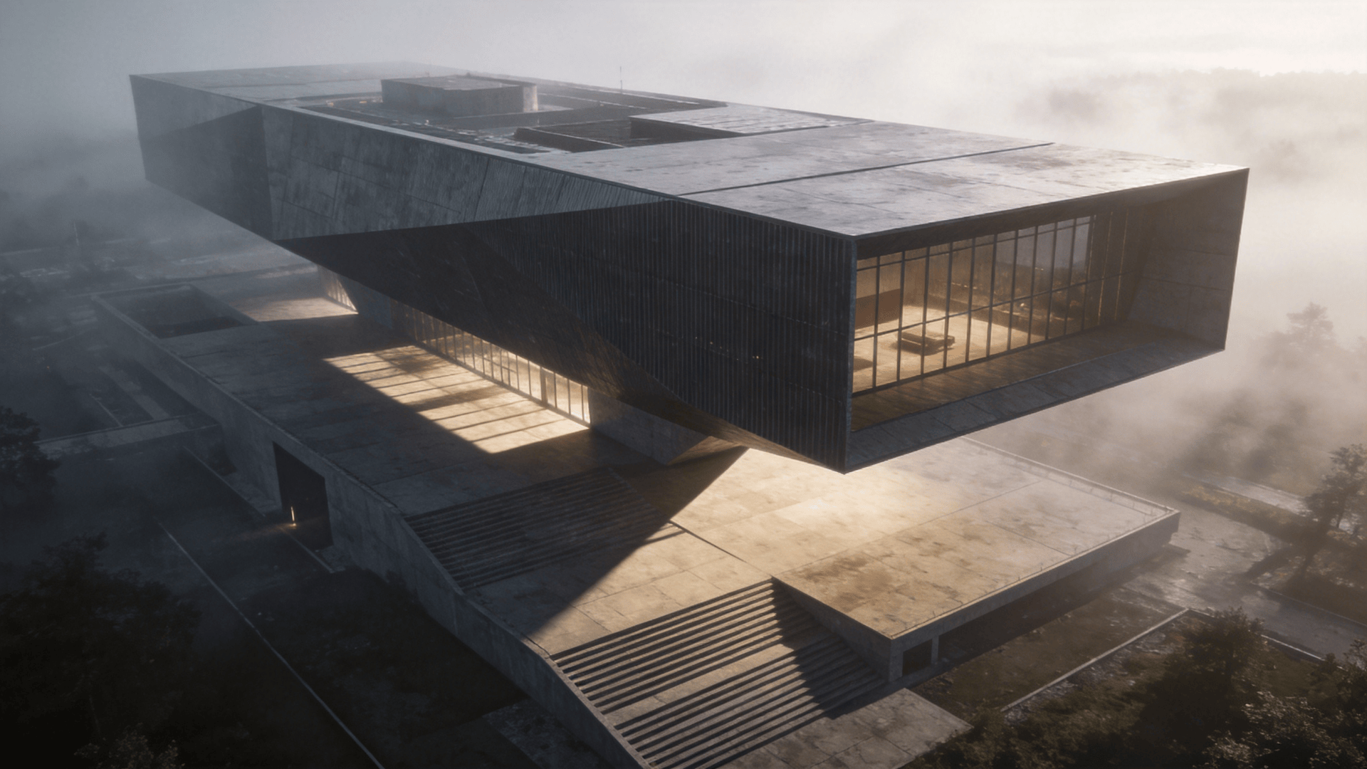 Cultural Center with Floating Cantilever — Foggy Morning