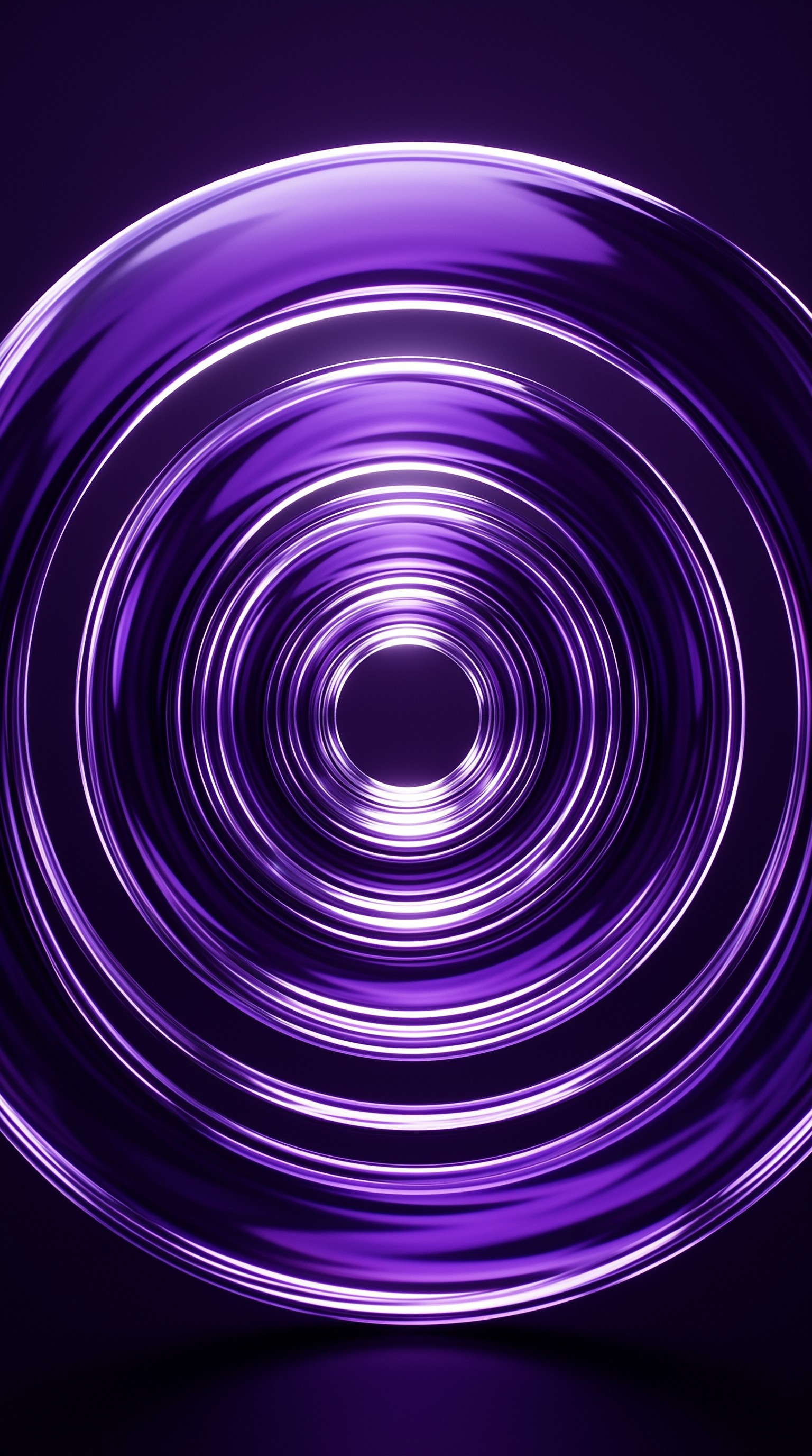 Nested glossy rings of luminous purple recede into a dark center, forming a hypnotic neon tunnel on a violet field.