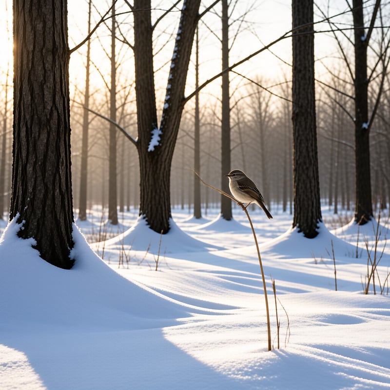 A small bird sits on a dry stalk in a snowy forest illuminated by warm golden sunlight.
