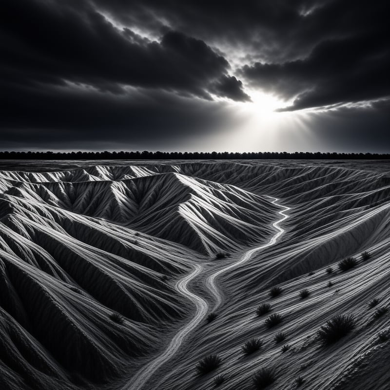 A monochrome view of rugged eroded land with a serpentine track leading toward a tree line beneath bright sunrays.