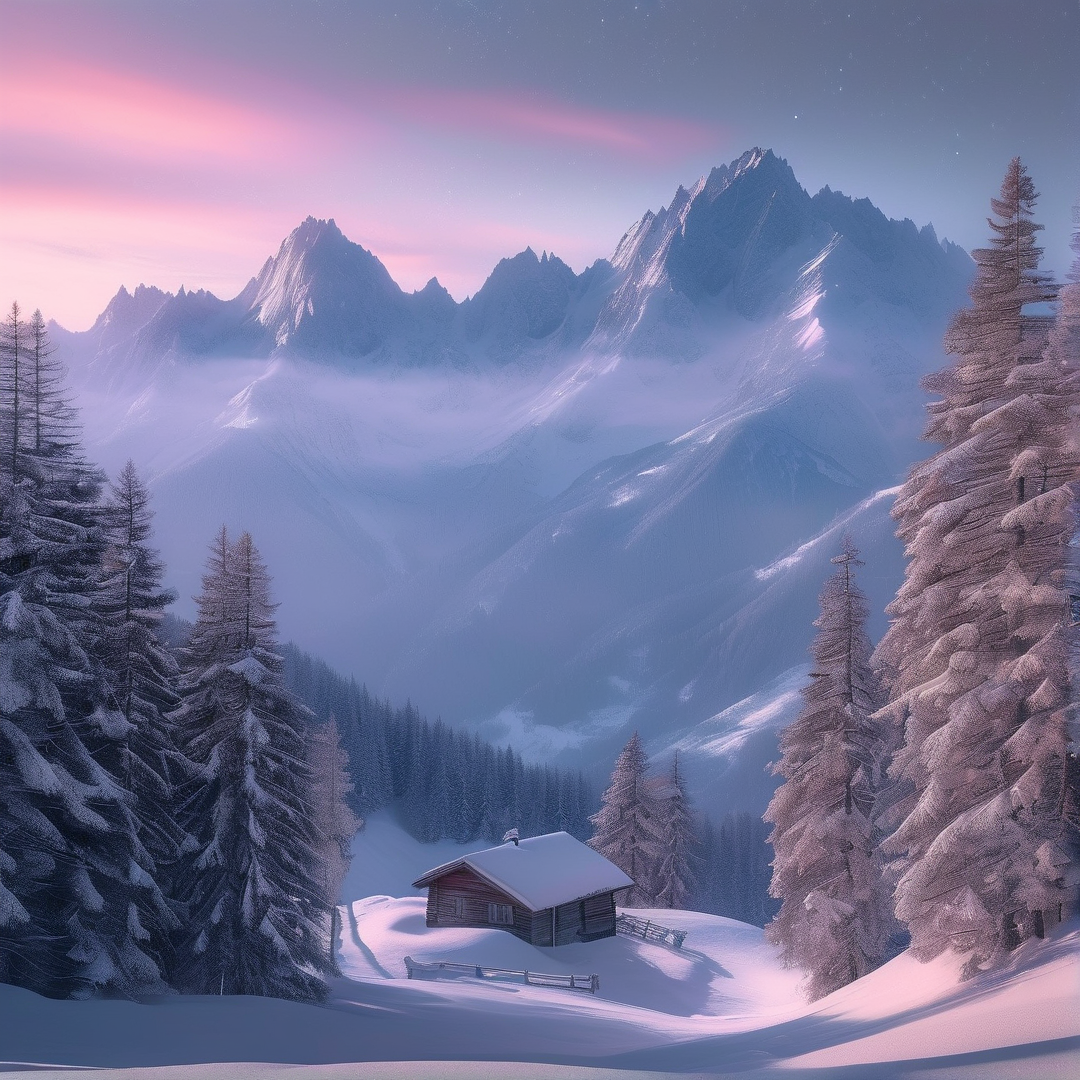 Snowy Mountain Cabin at Dawn