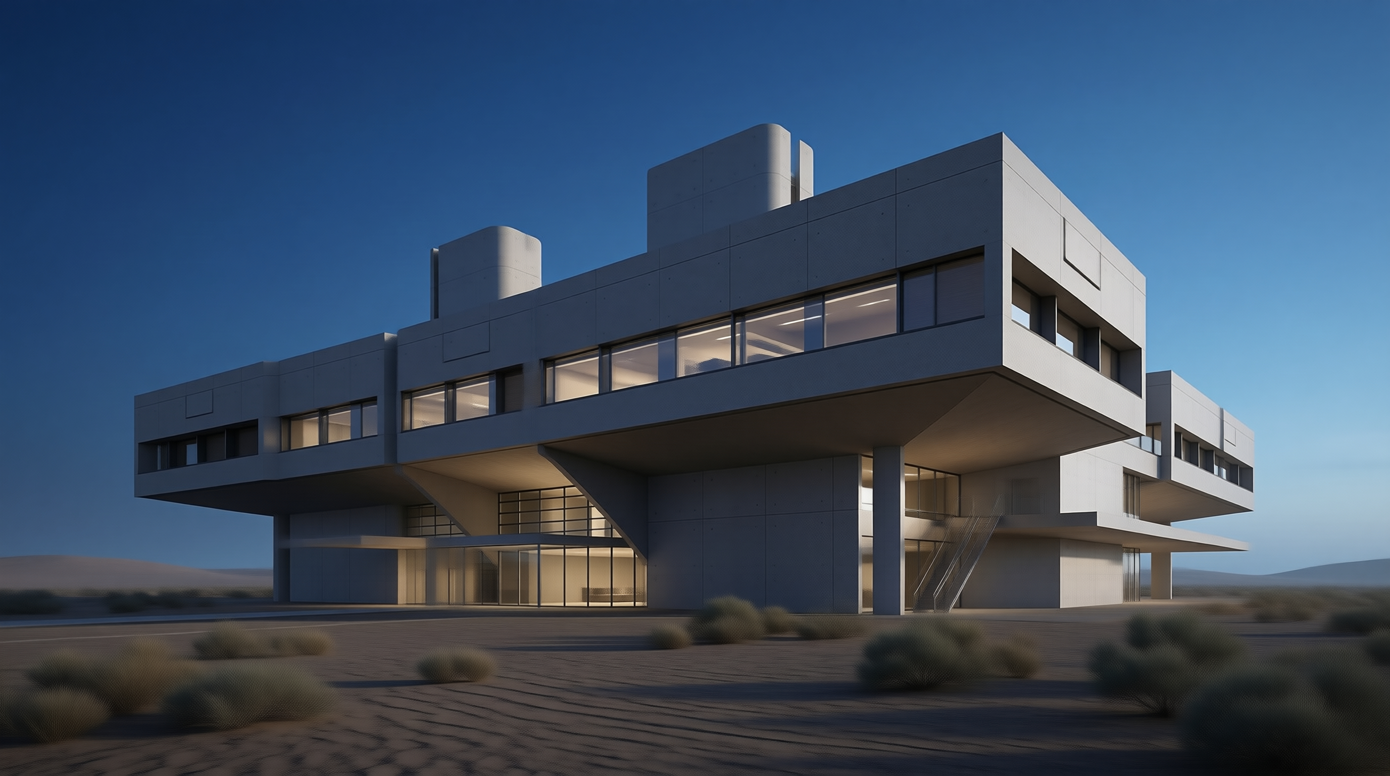 Brutalist Concrete Building in Desert