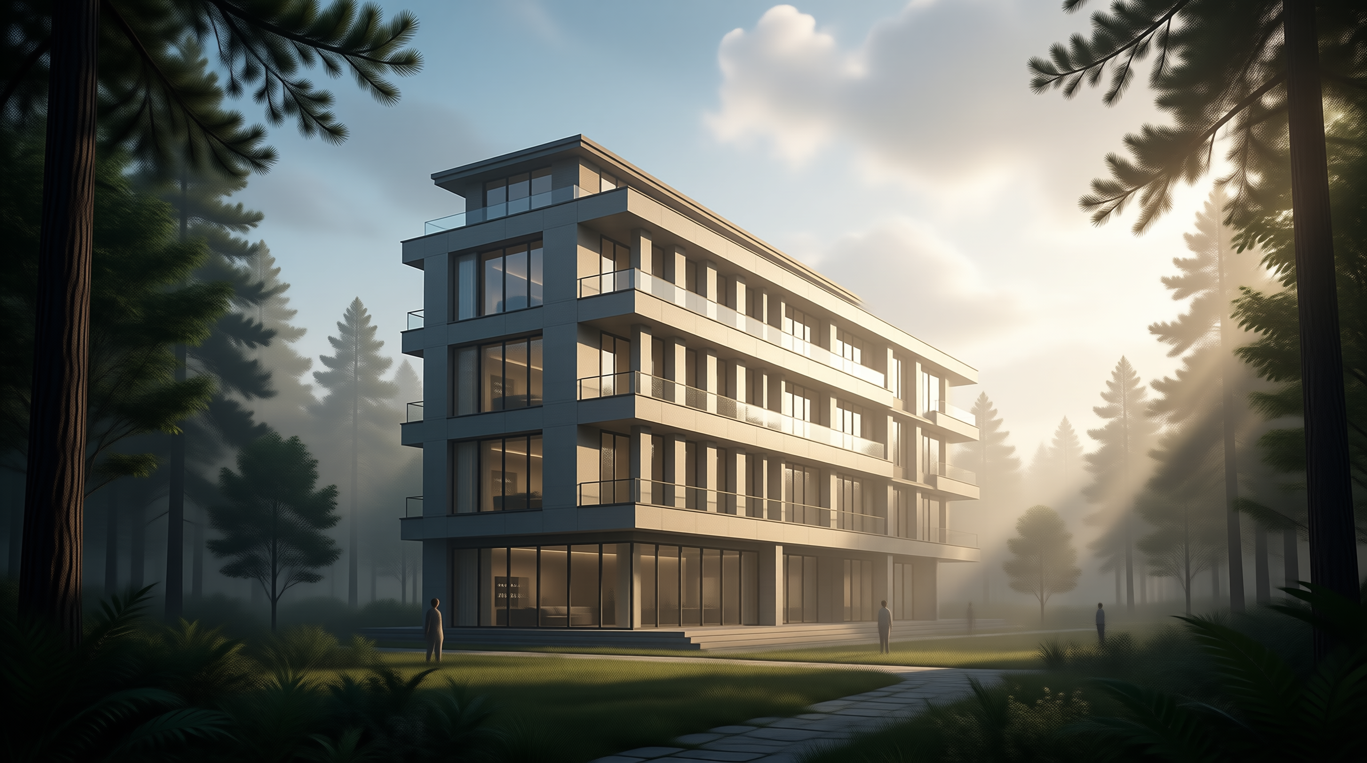 Modern Building in Misty Woods