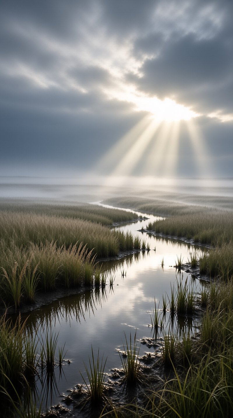 A narrow tidal creek winds through golden marsh grass as sun rays burst through heavy clouds over a hazy horizon.